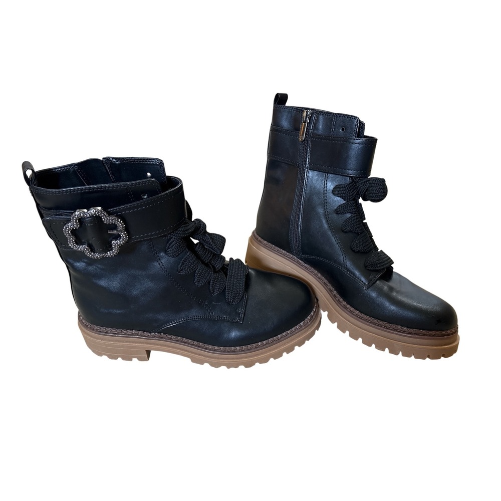 Sam & Libby Womens Black Rhinestone Buckle Combat Boots I3169S1001 Size 9